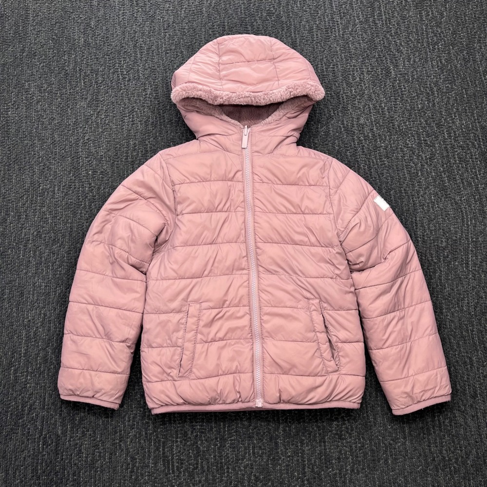 Abercrombie & Fitch Kids Reversible Puffer Jacket Dusty Rose Faux Fur Hooded 7/8